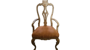 Rustic Chair with orange Cushion rental Denver, CO