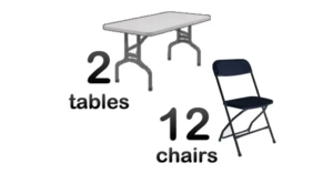 2 6ft Adult Rectangle Tables 12 Black Chairs rental San Antonio, TX