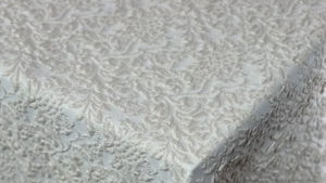 90x132" Round Lucia Jacquard Ivory Linen rental Houston, TX