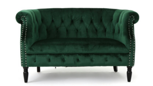 Green Velvet loveseat Couch rental Denver, CO