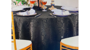 90 round Black floral Damask rental Fresno-Armona, CA