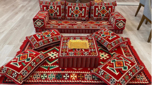 Set of Moroccan Sofa Red Lowseat and red Rug rental Miami-Ft. Lauderdale, FL