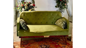 Loveseat Green Velvet Wood Legs rental Southern Utah, UT