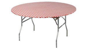 Kwik 60" Round Red/White Fitted Plastic Table rental Jupiter, FL