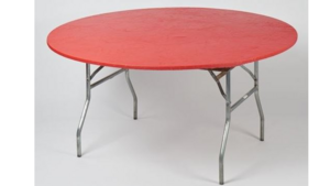 Kwik 72" Round Red Fitted Plastic Table Cover rental Jupiter, FL