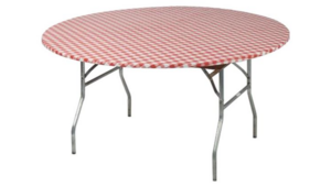 Kwik 72" Round Red/White Fitted Plastic Table rental Jupiter, FL