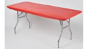 Kwik 8' X 30"Red Fitted Plastic Table Cover rental Jupiter, FL