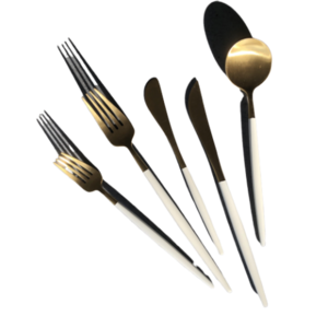 Brushed Gold With White Handle Flatware rental Milwaukee, WI